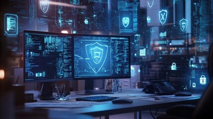 An assortment of printed cybersecurity regulations and guidelines partially covering a desktop with an overlay of digital locks and shield icons that represent security protocols emphasizing