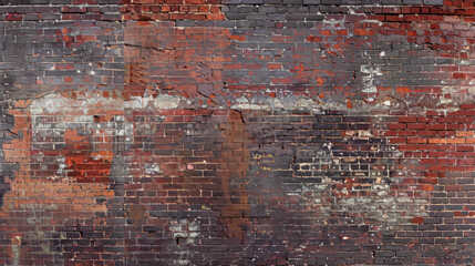 weathered brick wall with peeling paint and cracks, showcasing mix of red, gray, and black tones, creating rustic and urban aesthetic
