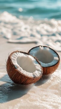Tropical Delight: Two Halved Coconuts on a Sandy Beach Shoreline, with Clear Turquoise Water and Gentle Waves, Promising Refreshment and Paradise