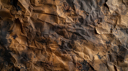 Obraz premium Crumpled and burnt paper texture with dark and brown tones, showcasing unique patterns and details. This evokes sense of decay and transformation