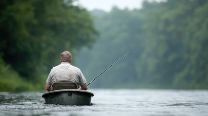Senior man fly fishing on calm river, lush green forest background, peaceful retirement activity