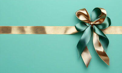 Elegant gold and teal ribbon bow on a mint green background, perfect for gift wrapping, invitations, or celebratory designs.