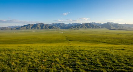 Expansive Grassy Plain Landscape with Distant Mountains Under Clear Blue Sky