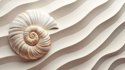 Obraz premium A detailed close-up of a spiral seashell resting on rippled sand, highlighting natural textures, organic patterns, and a peaceful beach aesthetic.