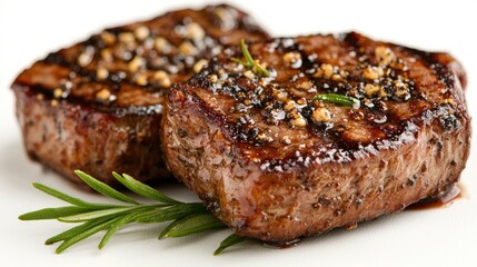 Grilled steak with rosemary, close-up, appetizing