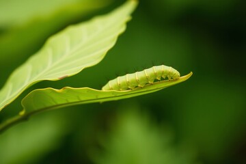 Fototapeta premium Vivid macro photograph of a green caterpillar on a fresh leaf, showcasing the intricate details and vibrant ambiance of nature with a soft blurred background adding depth to the composition.