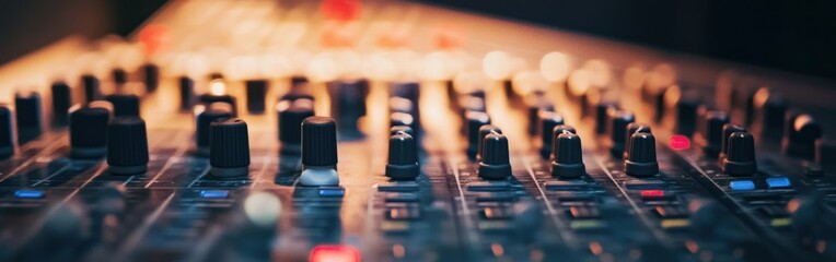 Close-up of a sound mixing console with knobs and buttons for audio control.