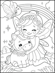 Black and white fairy coloring pages for kids. Children's coloring books with cute cartoon fairy and unicorn characters, fun and educational materials for kindergarten.
