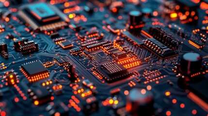 Fototapeta premium Close-up of illuminated circuit board with microchips and components.