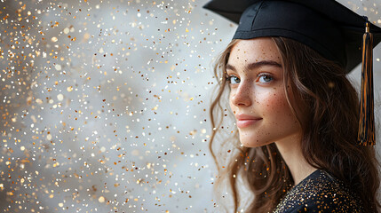 Graduation Background with teenager Student wearing a mortarboard. Gold Confetti on Empty white background, Minimalist & Elegant