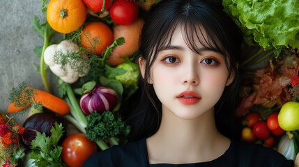 Young woman surrounded by fresh produce. Perfect for healthy eating, beauty, or food blogs.