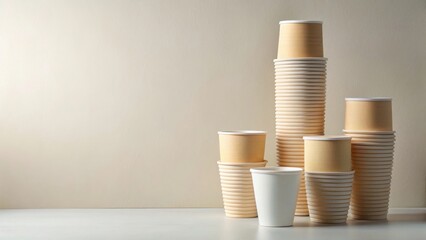A minimalist arrangement of stacked and single disposable paper cups against a neutral backdrop