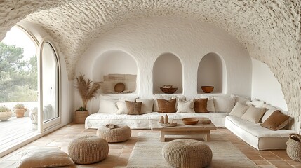 Mediterranean inspired living room with arched niches terracotta tiles and textured white walls creating a relaxed and sun soaked interior
