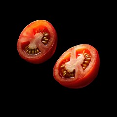 Photo of two tomato halves flying in the air, black background, food photography, hyper-realistic, tomatoes only.
