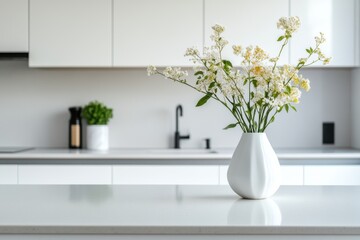 White flowers in a vase on a kitchen counter.