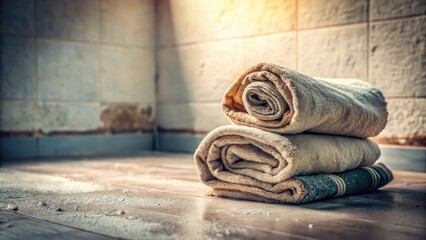 A stack of neatly rolled, soft bath towels rests on a dusty wooden floor against a worn tiled wall, suggesting a moment of quiet relaxation and potential home renovation
