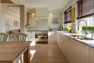 Bright kitchen with wooden floors and beige cabinets.