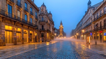 Fototapeta premium Misty morning street scene in old European city