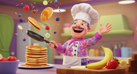 Cartoon chef flipping pancakes in animated kitchen