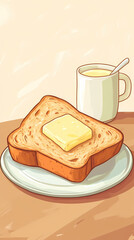 cartoon cute Milk Bread with Butter Topping illustration