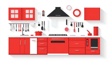 Fototapeta premium Modern red kitchen interior design with utensils, appliances, and organized space