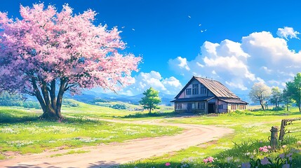Obraz premium Springtime Farmhouse Beside Blooming Cherry Tree
