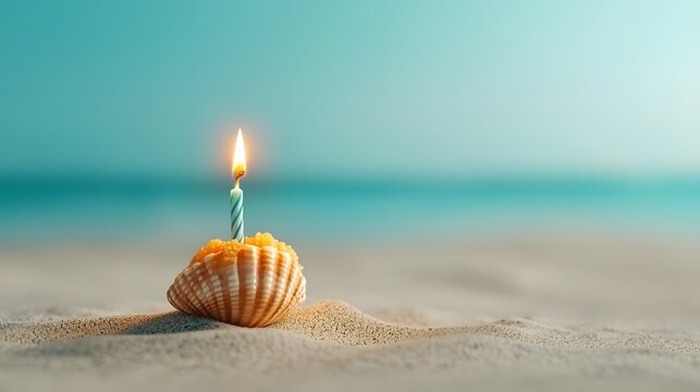 Tiny glowing candle flame illuminating the interior of a natural seashell sitting atop a peaceful sandy beach setting for a beachside birthday or anniversary event