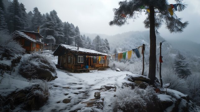 Himalayan Monastery Cabin   A serene, small wooden retreat near a Tibetan Buddhist monastery, prayer flags fluttering in the icy wind - Powered by Adobe