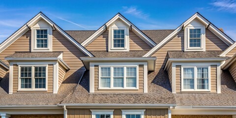 Obraz premium Residential Home Exterior with Dormers and Multiple Windows under a Bright Sky