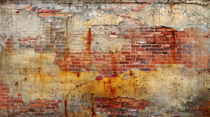 Fototapeta premium weathered brick wall with peeling paint and rust stains, showcasing mix of red and yellow tones, creates rustic and aged appearance