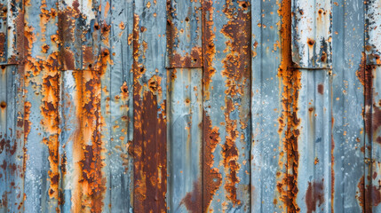 Fototapeta premium Rusty metal surface with peeling paint and corrosion, showcasing textures and colors of orange, brown, and blue. This captures beauty of decay and weathering