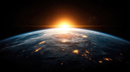Obraz premium Earth sunrise space view, city lights, global perspective, environmental background, ideal for science education