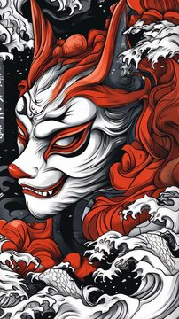 Intricate red and white mask design with waves and clouds showcasing Japanese artistic style