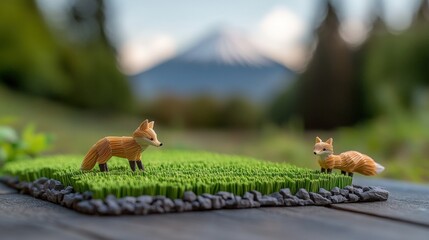 Two miniature foxes on green lawn with detailed diorama of mount fuji in the background