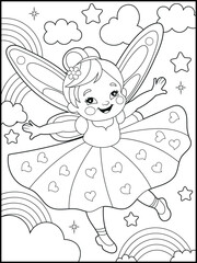 Black and white fairy coloring pages for kids. Children's coloring books with cute cartoon fairy characters, fun and educational materials for kindergarten.
