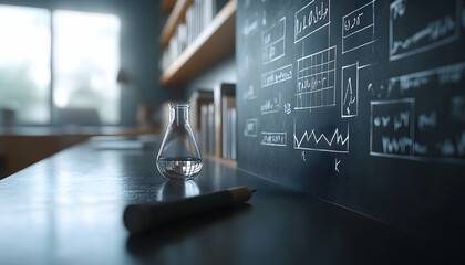 Science experiment setup Erlenmeyer flask with liquid on a desk next to a chalkboard filled with scientific formulas and graphs.  Perfect for education, science, or research concepts.