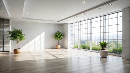 Fototapeta premium Sunlit spacious room with hardwood floors, potted plants, and large windows showcasing a tranquil outdoor view