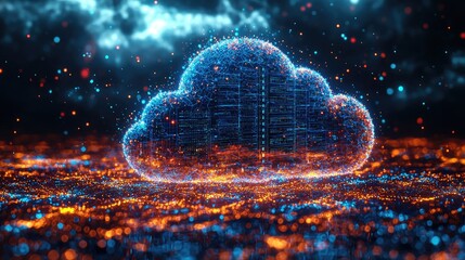 Futuristic digital cloud with glowing particles over a vibrant data landscape at night