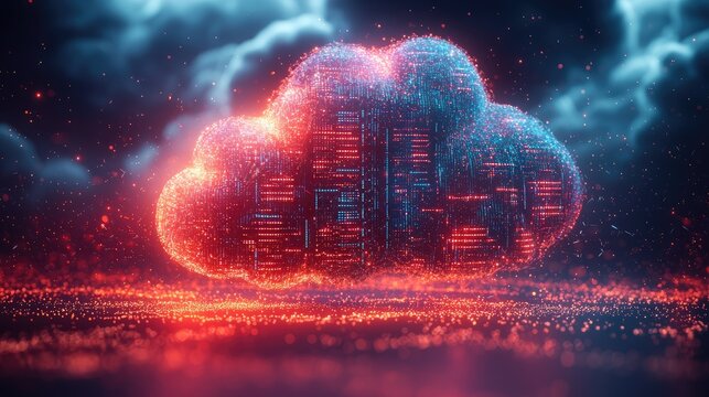 Abstract digital cloud formation glowing with neon colors over a dark, moody background