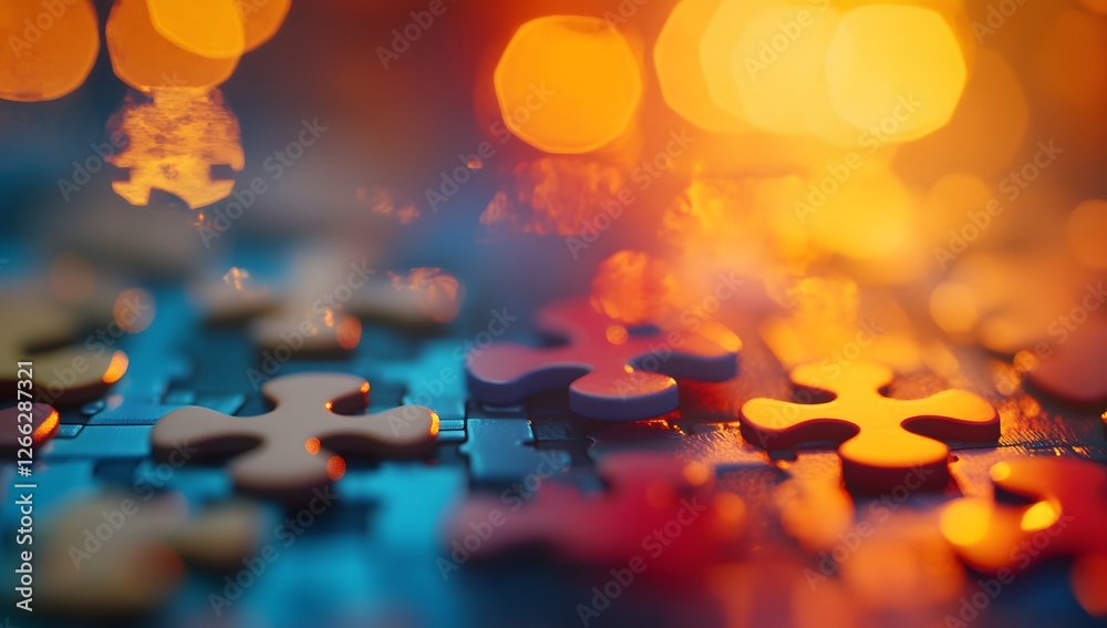 Poster night puzzle pieces assembling with warm bokeh lights