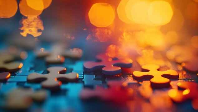 Night puzzle pieces assembling with warm bokeh lights