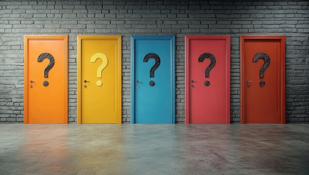 Colorful doors with question marks, choice, uncertainty, brick wall background.  Possible use business concept