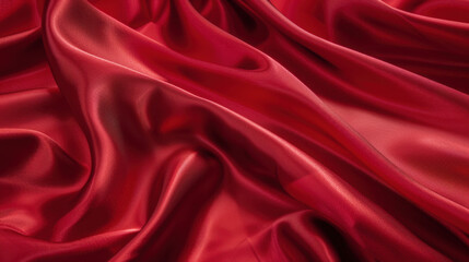 Fototapeta premium Luxurious red satin fabric with smooth, flowing texture and rich color. elegant drapes create sense of depth and sophistication, perfect for various design applications