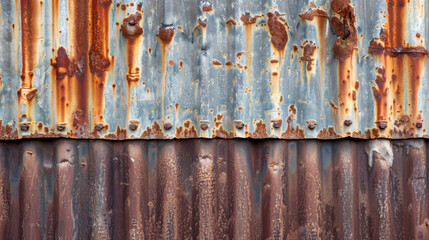Rusty metal surface with blue and brown tones, showcasing weathered textures and patterns. image evokes sense of decay and industrial aesthetics