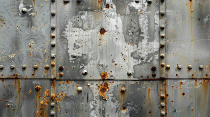 Rusty metal surface with rivets, showing weathered texture and industrial design. combination of rust and steel creates unique, aged appearance