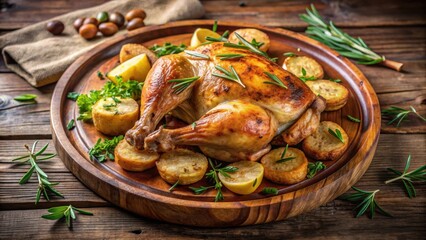 Tender chicken baked in the oven with crispy potatoes and fresh herbs on a rustic wooden platter, Italian food