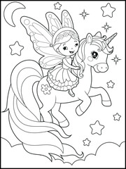 Black and white fairy coloring pages for kids. Children's coloring books with cute cartoon fairy and unicorn characters, fun and educational materials for kindergarten.
