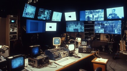 An indoor studio scene highlighting a multicamera arrangement where each camera links to a central wireless receiver hub. Cables are organized neatly while a large screen displays synchronized