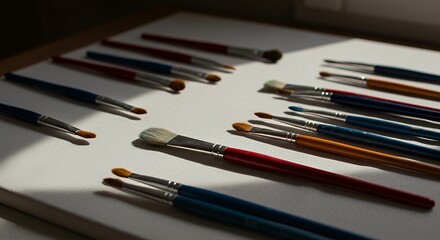 Fototapeta premium Arrangement of Paint Brushes on Canvas, Preparation for Artistic Work
