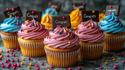 Realistic photo of Graduation Cupcakes and Cookies with Congrats text, Festive Celebration